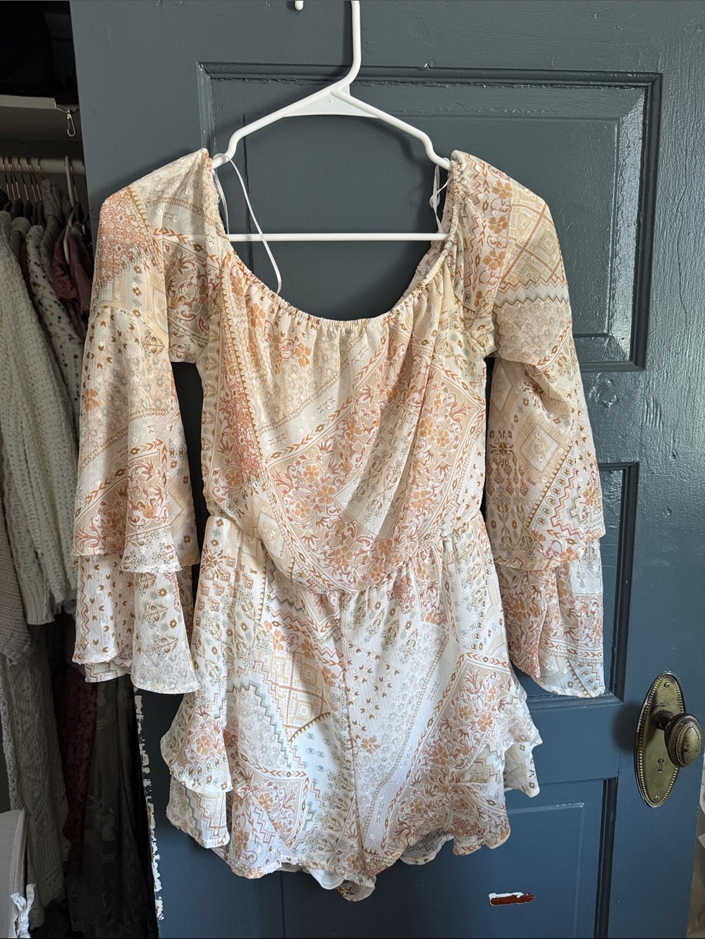 Altar'd State Cream and Peach Boho Tiered Long-Sleeve Romper